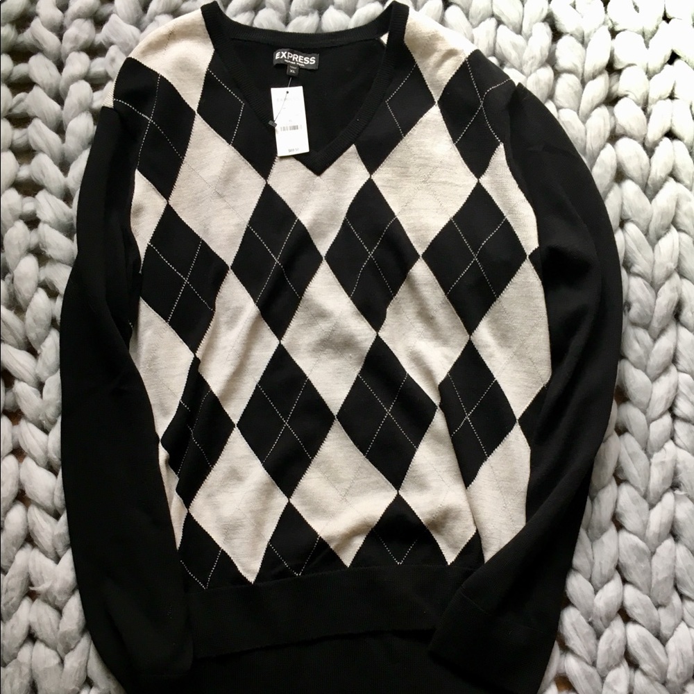 Express Argyle Long Sleeve Black Sweater